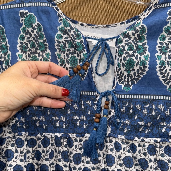 Emerson Fry India Collection Blue&White Paisley Cotton Boho Peasant Midi Dress - Picture 8 of 16